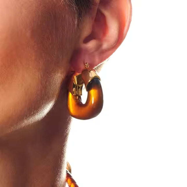 Amber Hoop Earrings with Gold Leaf Accents