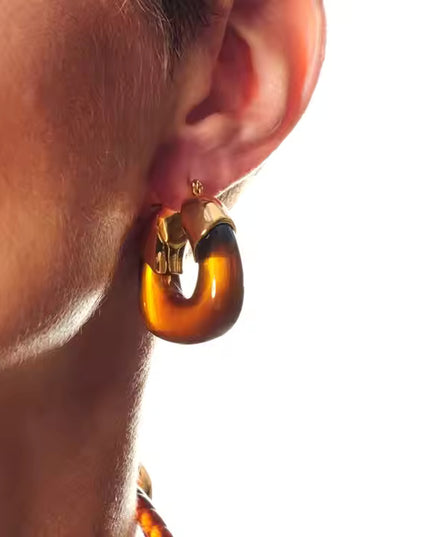 Amber Hoop Earrings with Gold Leaf Accents