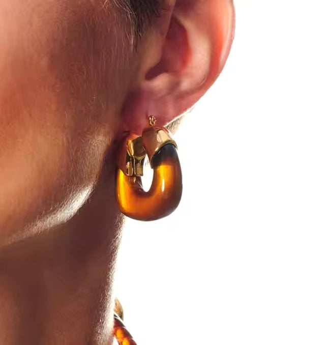 Amber Hoop Earrings with Gold Leaf Accents