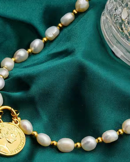 Gilded Voyage – Freshwater Pearl & Gold Medallion Necklace