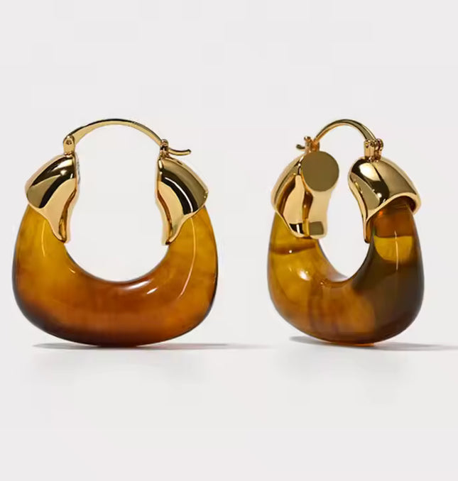 Amber Hoop Earrings with Gold Leaf Accents
