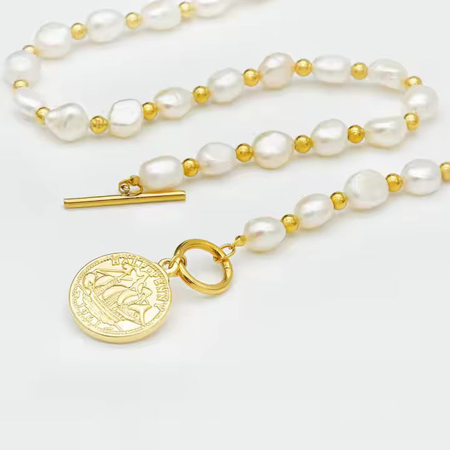 Gilded Voyage – Freshwater Pearl & Gold Medallion Necklace