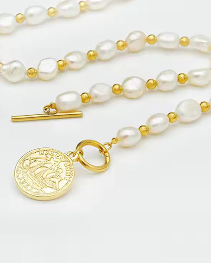 Gilded Voyage – Freshwater Pearl & Gold Medallion Necklace