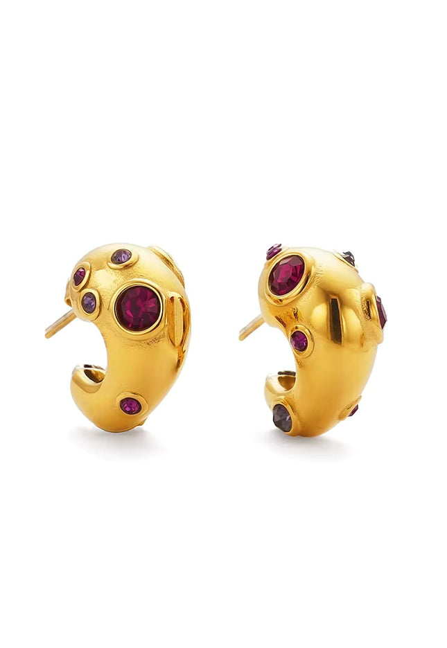 Rouge Orbit – Sculpted Gold & Garnet Gemstone Huggies in Solid Stainless Steel with 18K Gold Plate